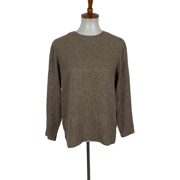 Rafaela Top Small Brown Silk Floral Embossed Long Sleeve Vintage Chic - Picture 1 of 4
